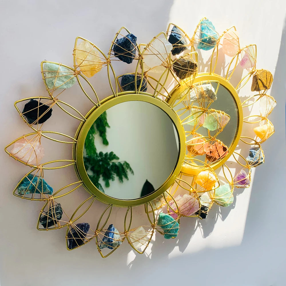 Modern Natural Crystal Luxury Metal Wall Mirror Hotel Home Decorative Fashionable Gold Shape Wall Dressing Table Mirror