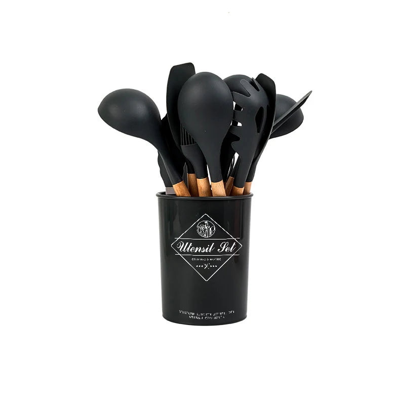 Factory Direct Sale Eco-friendly Organic Silicone Kitchen Tool Set With Wooden Handle