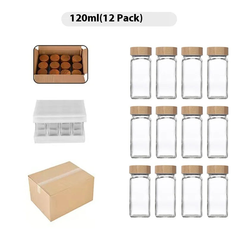 120ml Square Glass Spice Jar with Bamboo Wood Lid Sub-Packaged 4oz Seasoning Container for Parties and Condiments Storage
