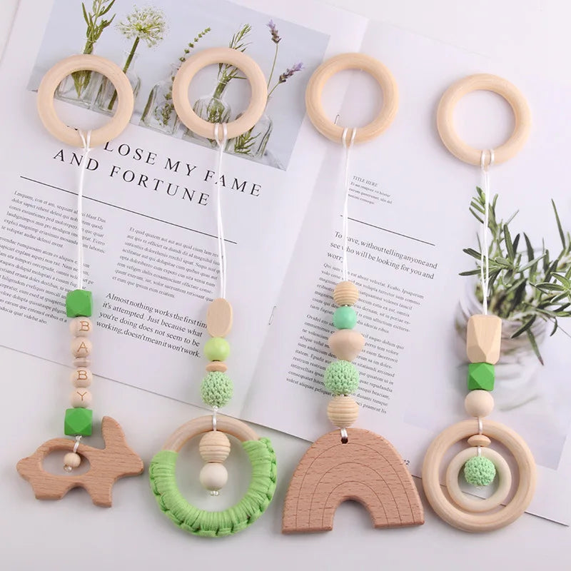 4pcs Organic Rainbow Beech Wood Soft Teether Baby Teething Toy Gift Set Food Grade BPA Free Safe Newborn Infant Beads 30cm