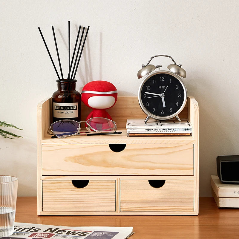 Wooden Desktop Cosmetics Storage Box With Drawers