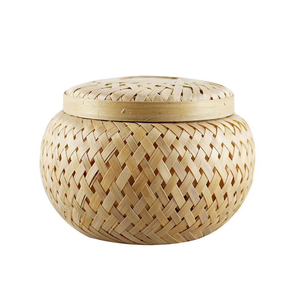 1Pcs Bamboo Woven Tea Basket Fine Polishing Edge Tea Storage Jar Moisture Proof Gift Box for Birthday Wedding Home Office