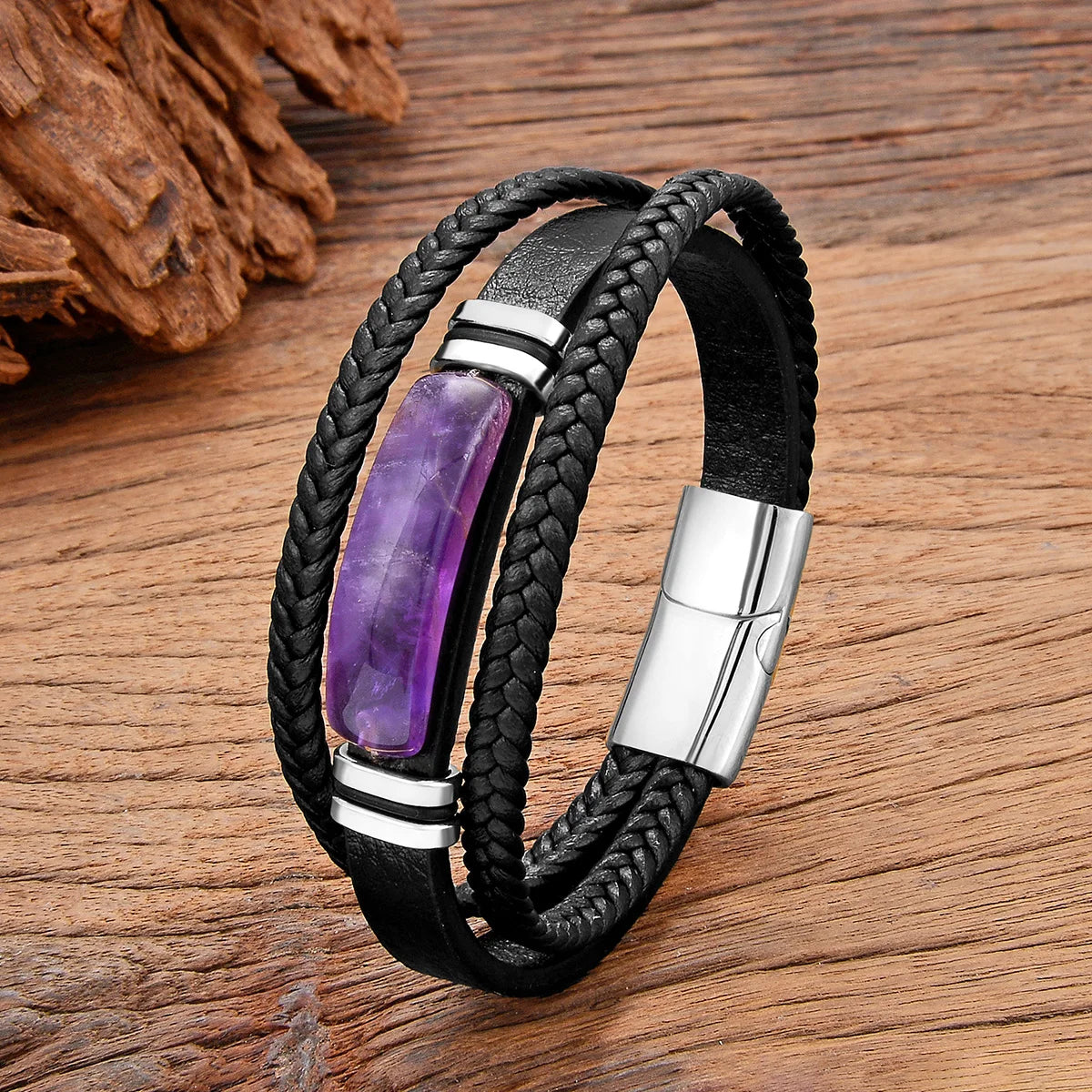 3-Color Personality Luxury Arc Natural Amethyst Stone Bracelet Stainless Steel Accessories Bracelet For Men and Women