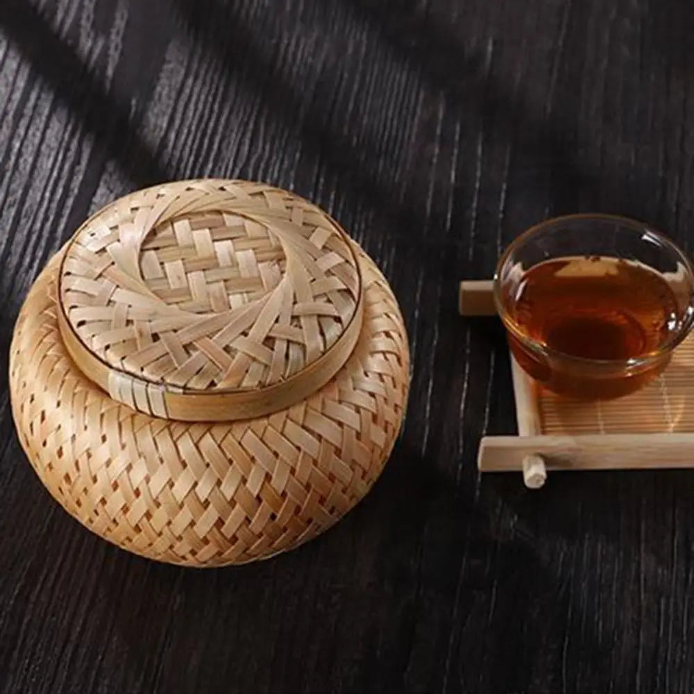 Double Layer Bamboo Weave Basket with Cover Pastoral Style Tea Box Handmade Breathable Bamboo Food Storage Jars Gift