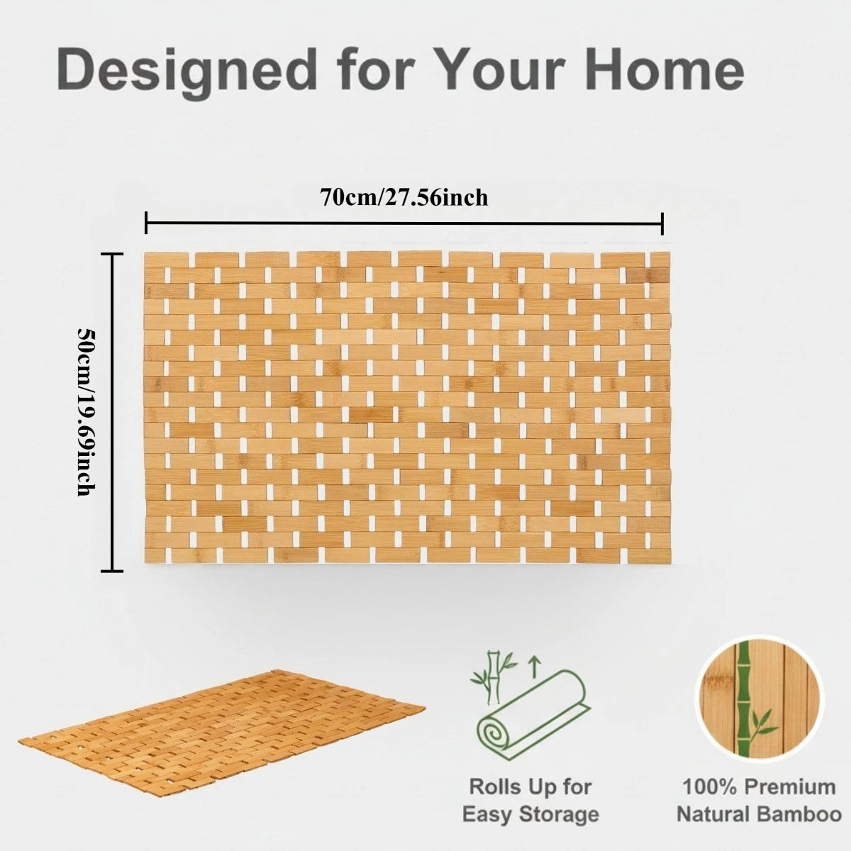 Bamboo Bath and Shower Mat – Rollable Wooden Slat Design with Non-Slip Base, Easy to Clean and Quick-Drying, Anti-Slip Bath Mat