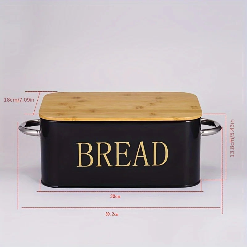 Bamboo covered bread box. The bamboo cover can be used as a cutting board with breathable holes to keep food fresh