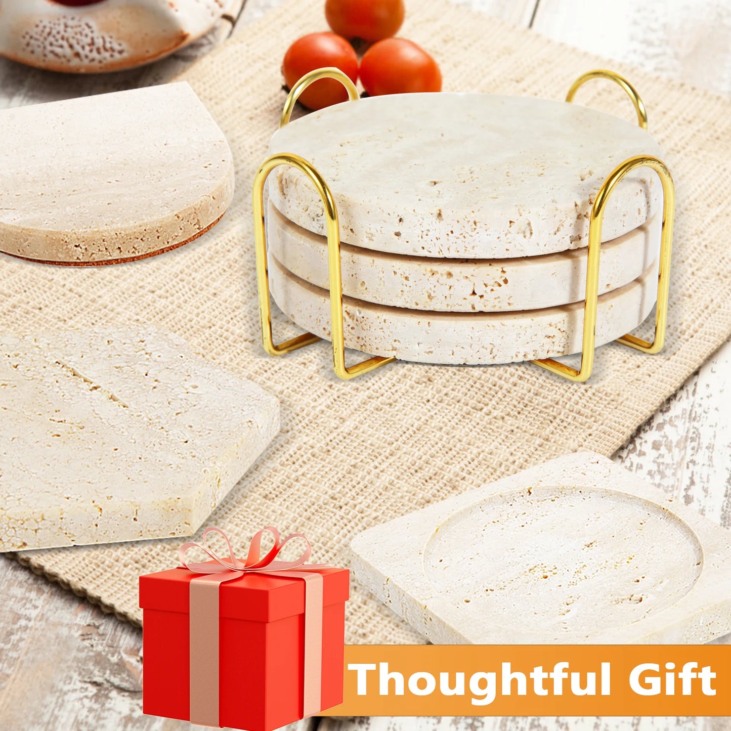 Natural Marble Travertine Coasters Non-Slip Absorbent Round Stone Drink Mat  Cork Pads for Table Decor Wedding Gift