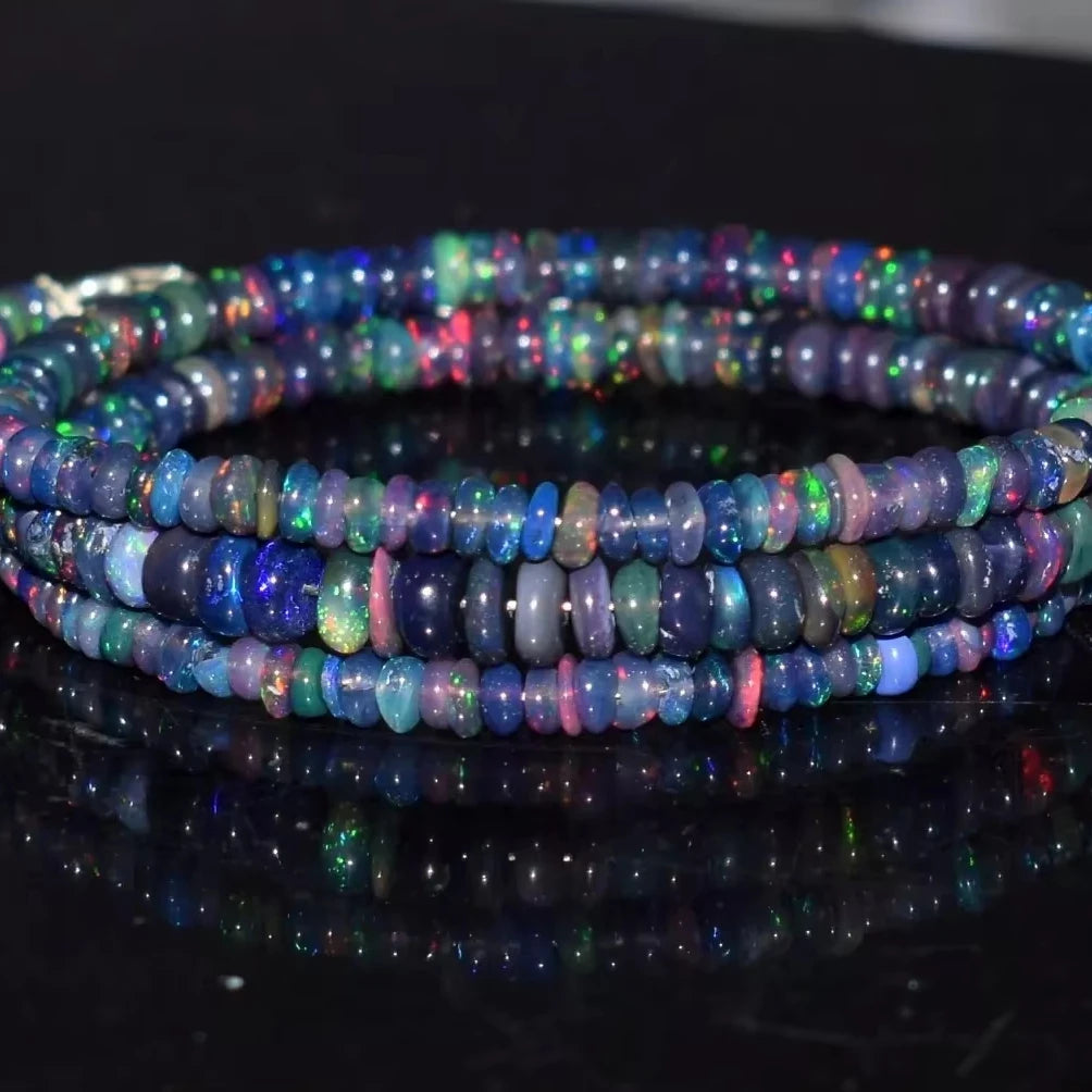 Ethiopian Natural Welo Fire Blue Opal Necklace Polished 18 Inch Smooth Rondelle Beads 3-6 mm White Opal Loose Gemstones