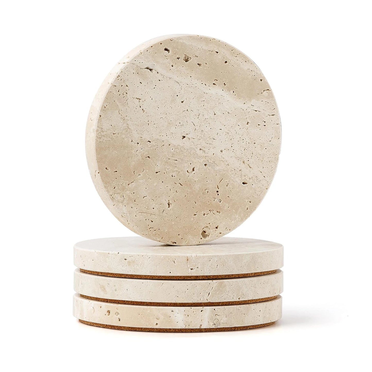 Natural Marble Travertine Coasters Non-Slip Absorbent Round Stone Drink Mat  Cork Pads for Table Decor Wedding Gift