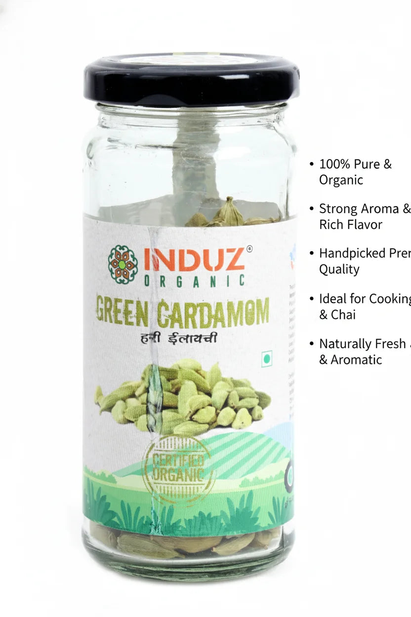 Induz Organic Dried Raw Green Cardamom Pieces 75gm Exquisite Aroma Royal Flavor Queen Spices Its Purest Form 12 Month Shelf Life