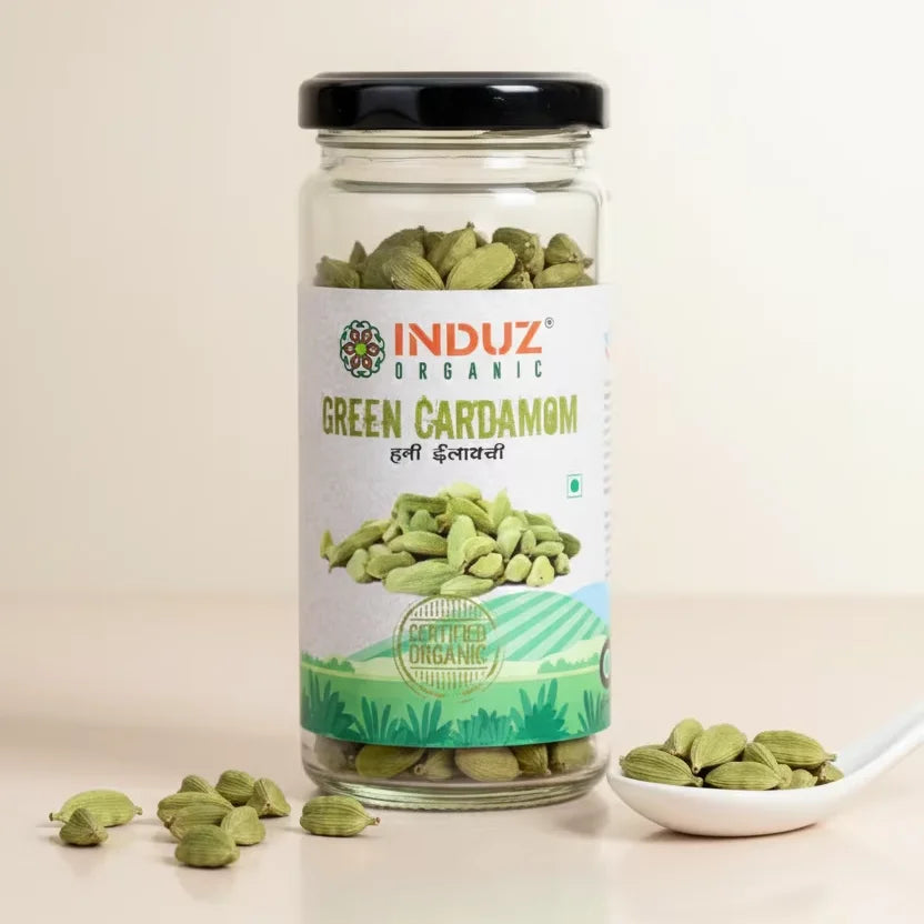 Induz Organic Dried Raw Green Cardamom Pieces 75gm Exquisite Aroma Royal Flavor Queen Spices Its Purest Form 12 Month Shelf Life