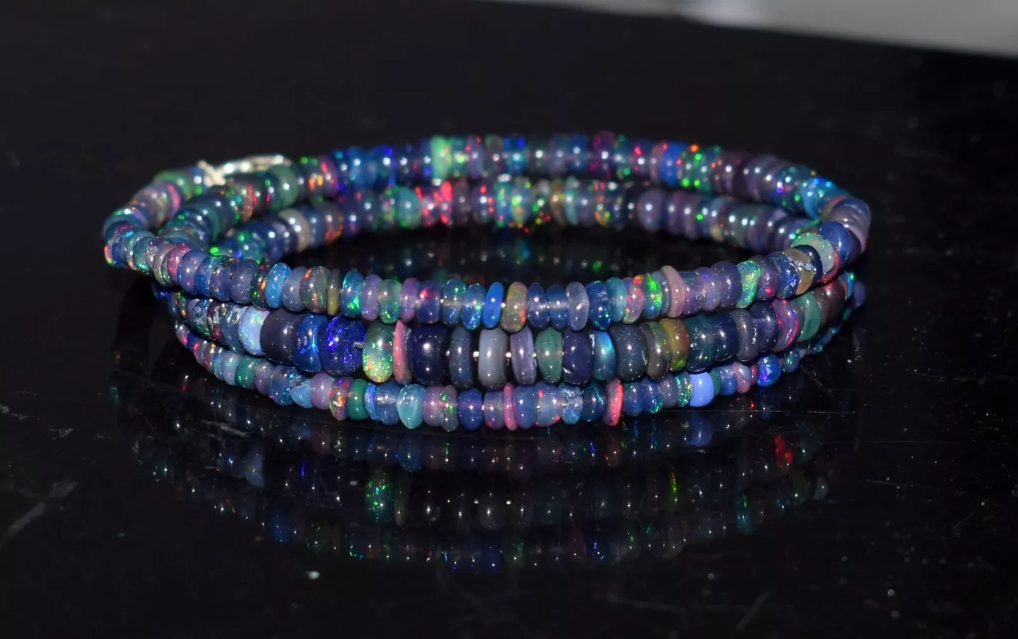 Ethiopian Natural Welo Fire Blue Opal Necklace Polished 18 Inch Smooth Rondelle Beads 3-6 mm White Opal Loose Gemstones