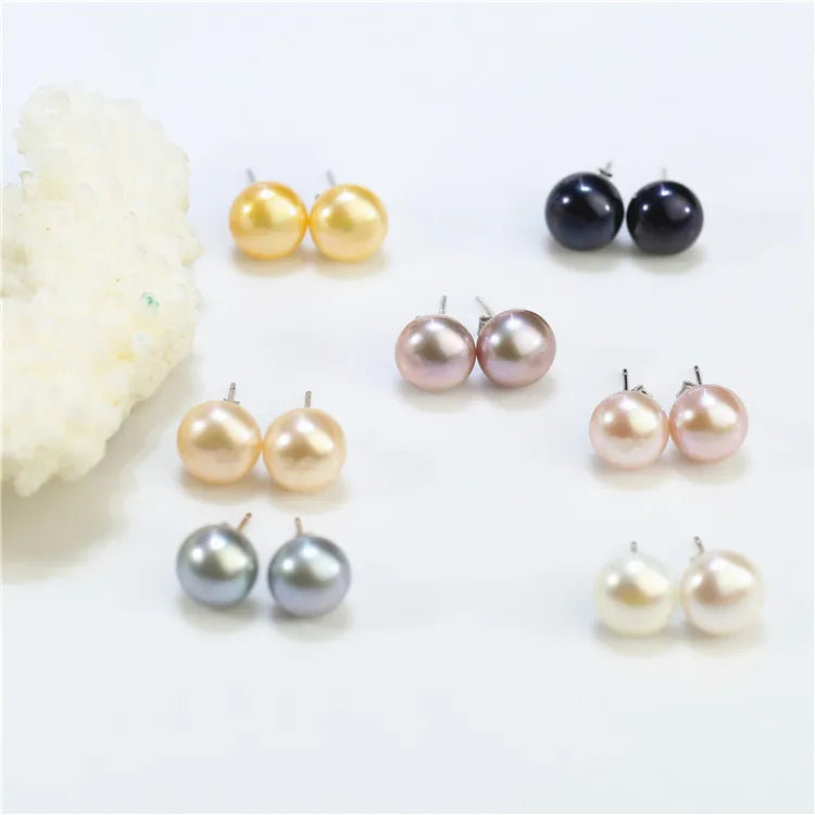 925 Sterling Silver White Wholesale Fresh Water Freshwater Natural Pearl Earrings Flat Button Shape Real Ear Stud Pearl Earrings