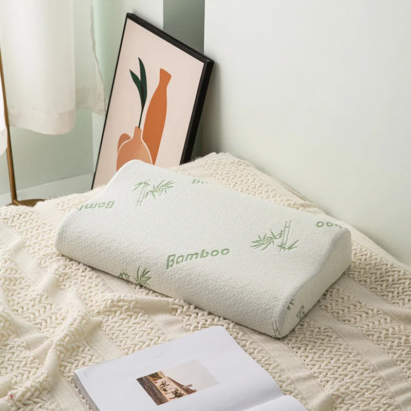 Qualified Soft and Comfort Memory Foam Pillow 200TC Bamboo Solid Pattern Wave Shape for Therapy and Neck Relief