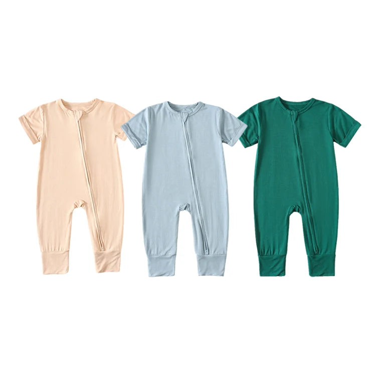 Children's Unisex Bamboo Fiber Spandex Knitted Newborn Rompers Spring Short Sleeve Two-Way Zipper Soft Breathable Climbing