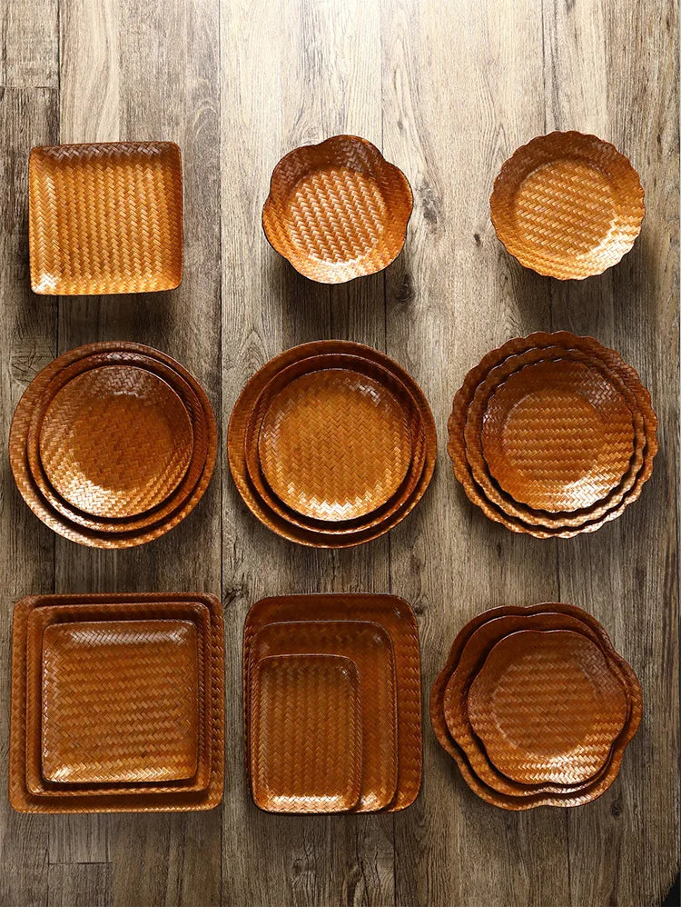 Handmade Bamboo Woven Fruit Plate Set of 3 Japanese Style Snack Dessert Tea Tray Shallow Serving Dishes