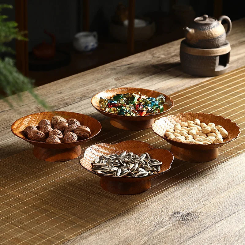 Handmade Bamboo Woven Fruit Plate Set of 3 Japanese Style Snack Dessert Tea Tray Shallow Serving Dishes