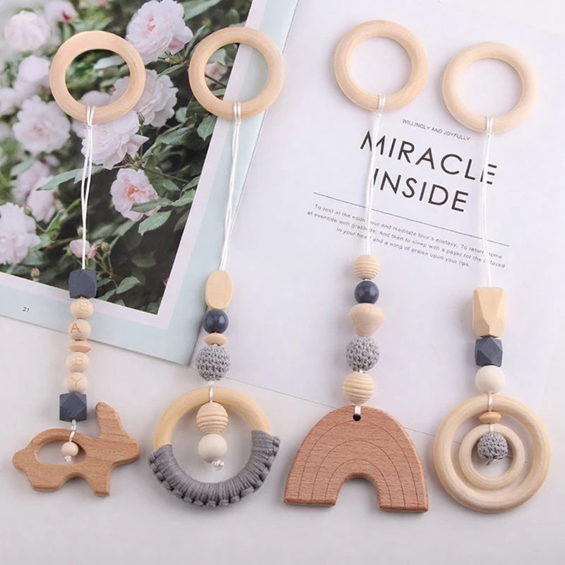 4pcs Organic Rainbow Beech Wood Soft Teether Baby Teething Toy Gift Set Food Grade BPA Free Safe Newborn Infant Beads 30cm