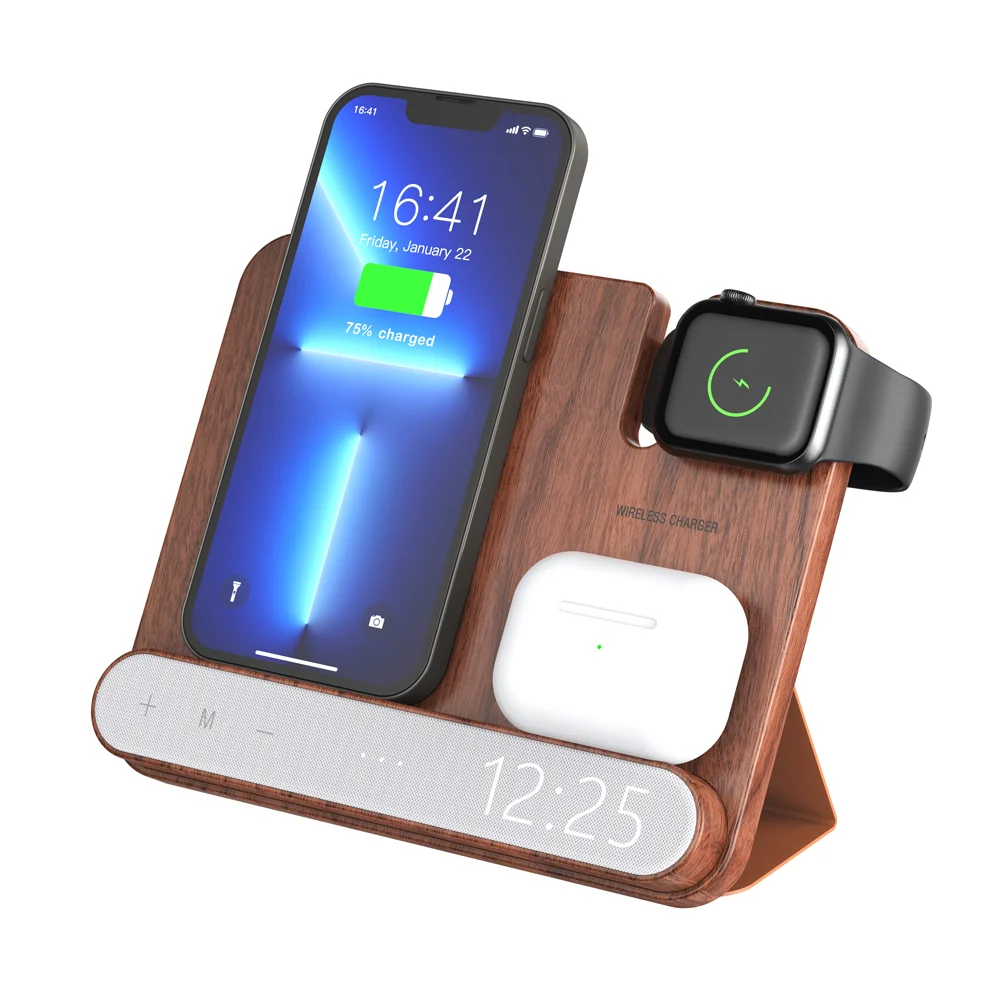 15W Wood/Bamboo Wireless Charger Mobile Stand 3-in-1 Electric PD Charging Station with 5V/1A for IWatch & for