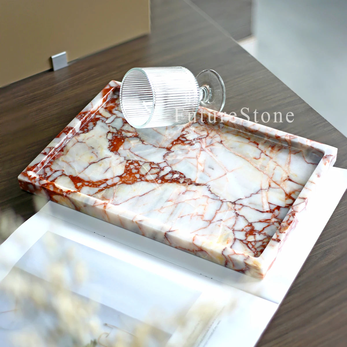 Luxury Natural Rectangle  Calacatta Red Marble Serving Tray Decorative Food Fruit Jewelry Display Tray for Christmas Home Decor