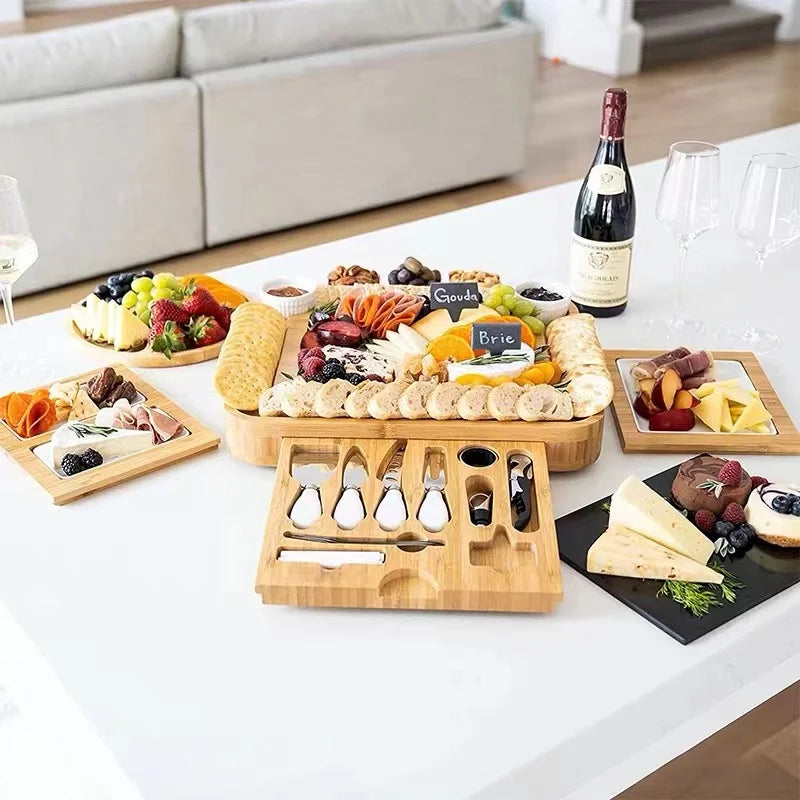 Premium Bamboo Charcuterie Board Set with Extendable Trays & 8-Piece Cutlery - Cheese, Meat & Fruit Serving Platter (OEM/ODM)