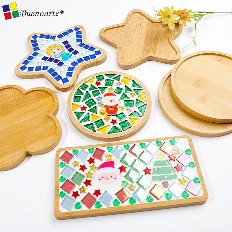 Bamboo Coaster 5 Pcs Flower Star Mosaic Base 1cm Thick Modern Design Room Use for DIY Mosaic Art Craft Kits