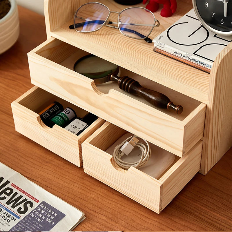 Wooden Desktop Cosmetics Storage Box With Drawers