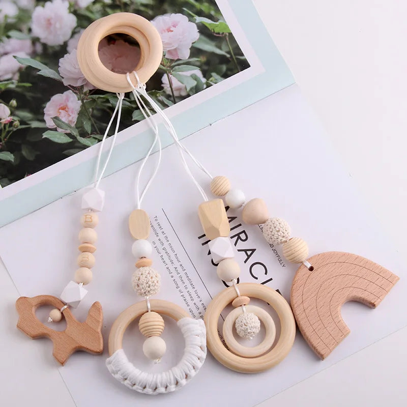 4pcs Organic Rainbow Beech Wood Soft Teether Baby Teething Toy Gift Set Food Grade BPA Free Safe Newborn Infant Beads 30cm