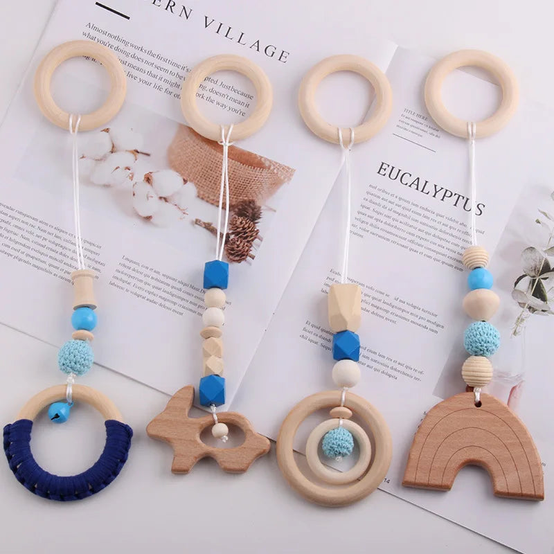 4pcs Organic Rainbow Beech Wood Soft Teether Baby Teething Toy Gift Set Food Grade BPA Free Safe Newborn Infant Beads 30cm