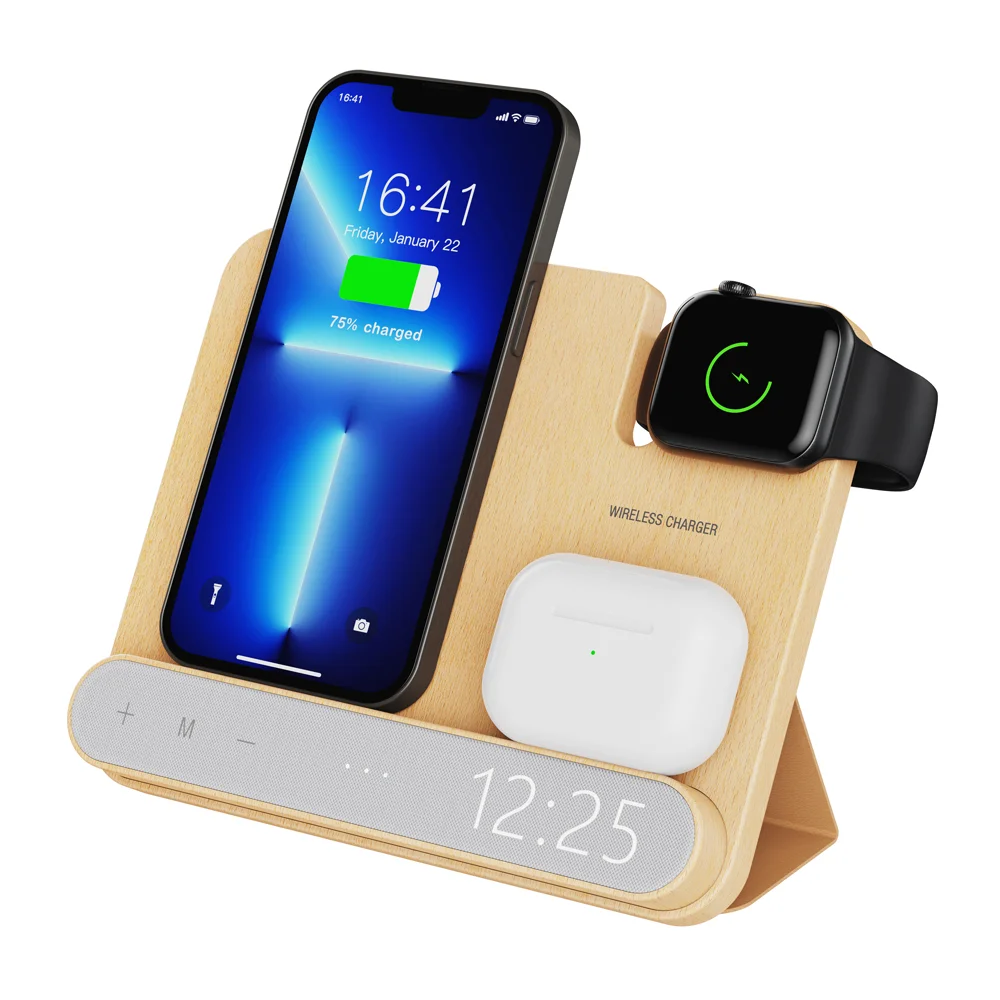 15W Wood/Bamboo Wireless Charger Mobile Stand 3-in-1 Electric PD Charging Station with 5V/1A for IWatch & for