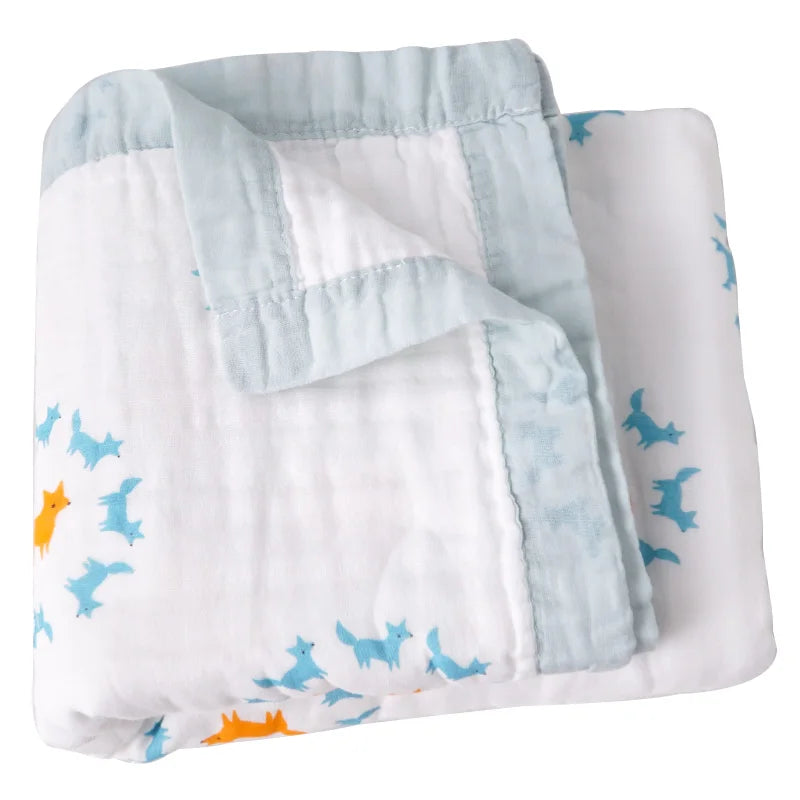 Custom 100% Organic Cotton Muslin Infant Bath Towel Cute Cartoon Pattern Babi Blankets 6-Layer Newborn Blanket for Travel Hotel