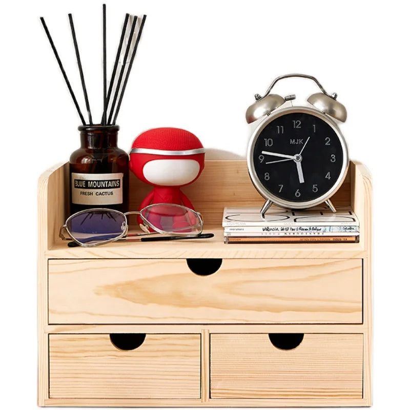 Wooden Desktop Cosmetics Storage Box With Drawers