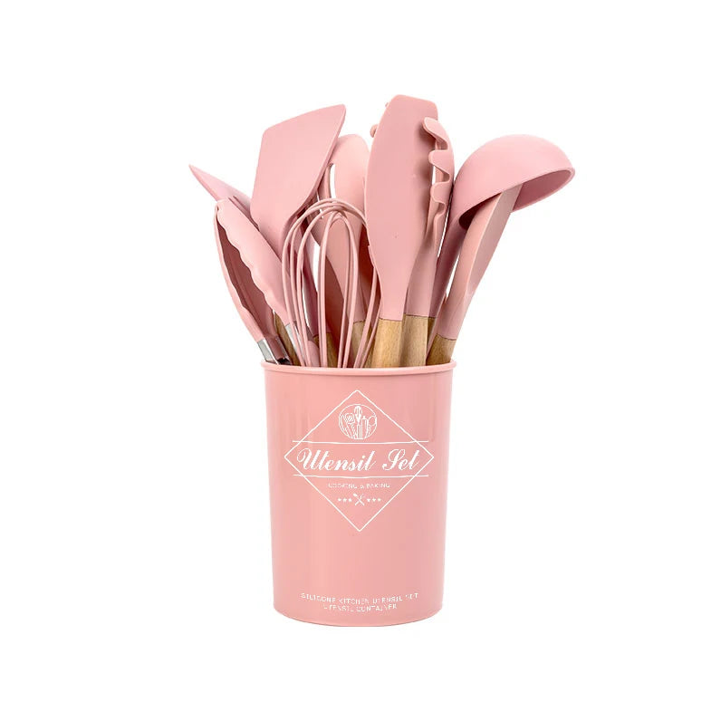 Factory Direct Sale Eco-friendly Organic Silicone Kitchen Tool Set With Wooden Handle