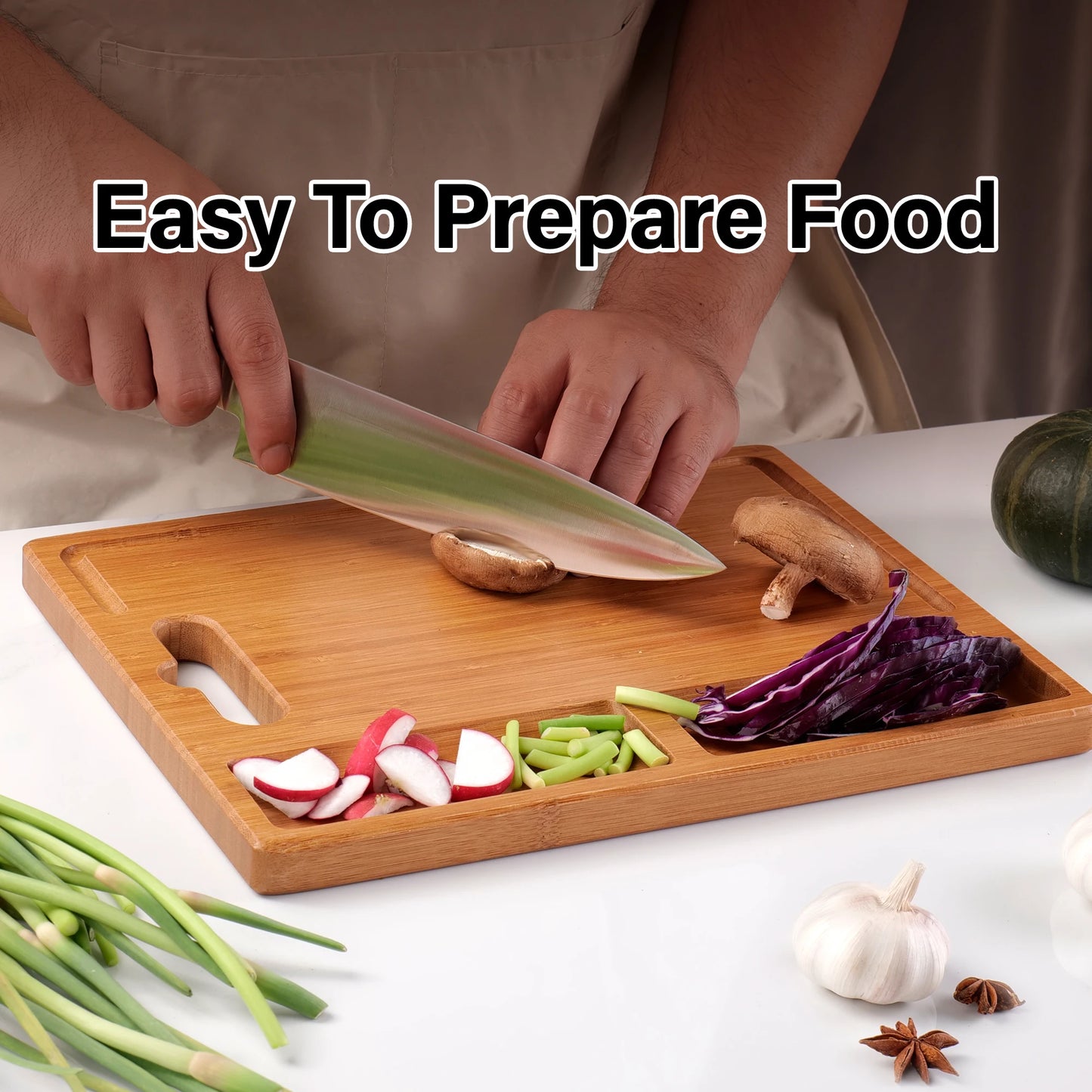 Large Bamboo Wood Cutting Board Rectangle Kitchen Cheese Charcuterie Board 2 Built-In Compartments Juice Grooves Butcher Block