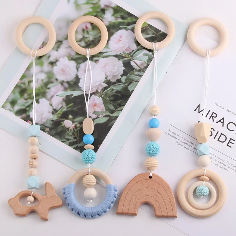 4pcs Organic Rainbow Beech Wood Soft Teether Baby Teething Toy Gift Set Food Grade BPA Free Safe Newborn Infant Beads 30cm