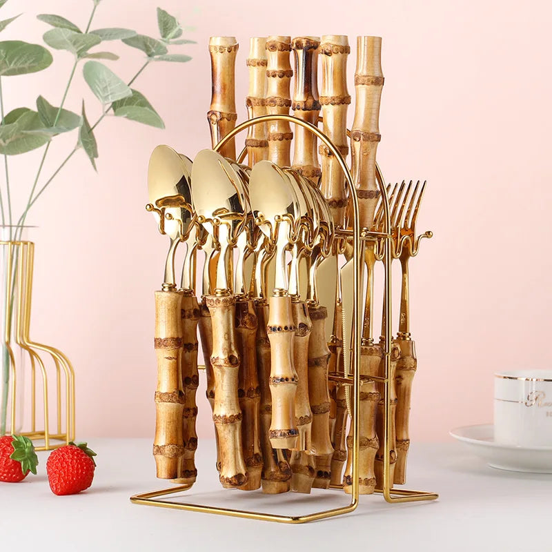 Natural Wooden Handle Spoon Fork Knife Flatware Set Gift Box 304 Stainless Steel Cutlery with Bamboo Handle