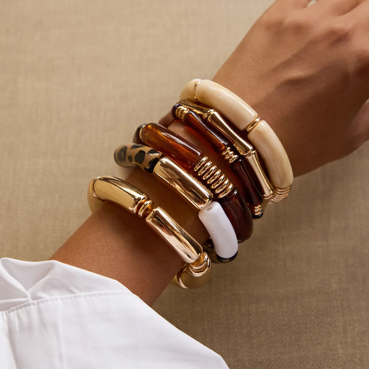 MW New Styles 2pcs Set Vintage Resin Bamboo Bangles UV Gold Plated Leopard Amber Resin Bamboo Joint Bangle Bracelets Wholesale