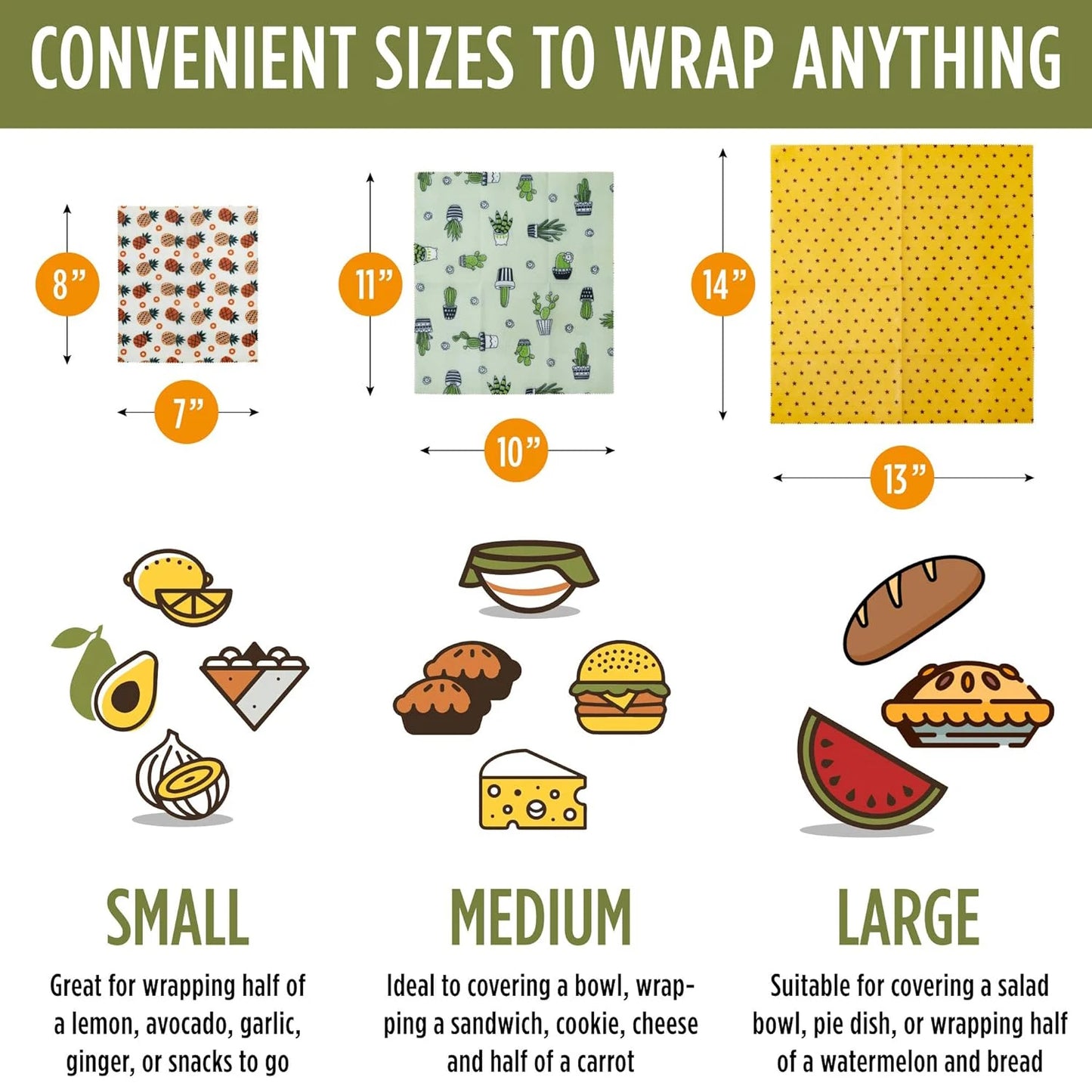 Organic Eco Friendly Durable Sustainable Biodegradable Beeswax Food Wrap Custom Print Washable 1S1M1L FDA LFGB GOTS Approved