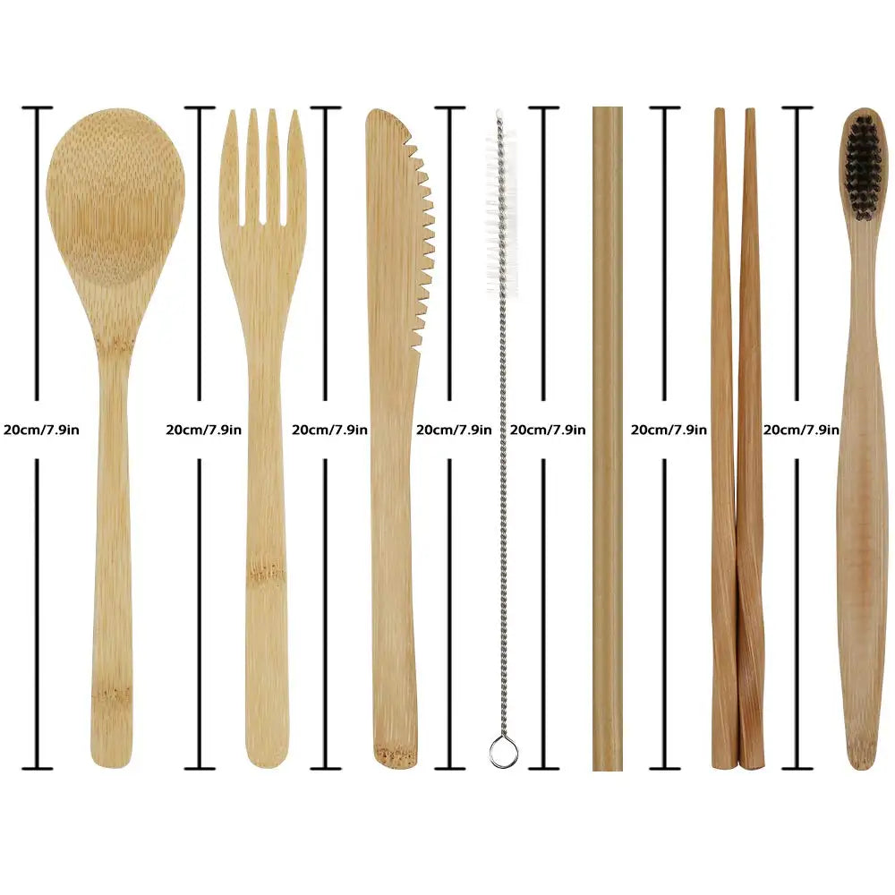 Knife Fork Spoon Chopsticks Drinking Straw and Clean Brush Set Portable Bamboo for Home Kitchen High Quality Custom 7 Pcs Modern