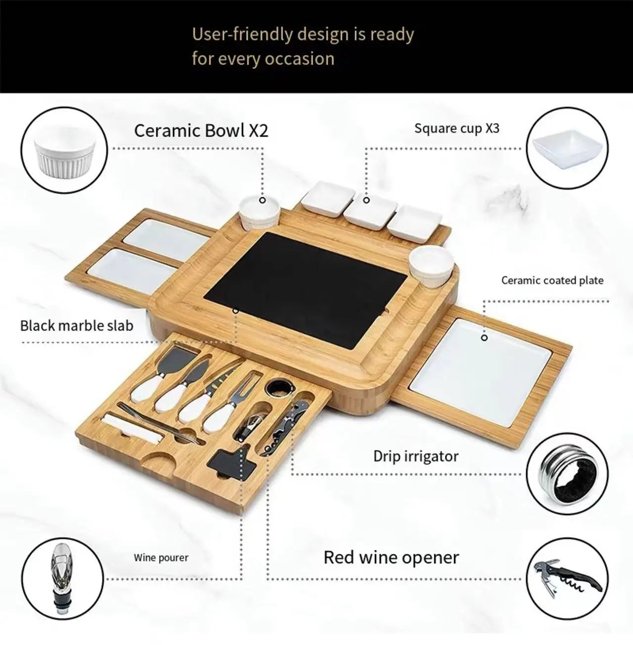 Premium Bamboo Charcuterie Board Set with Extendable Trays & 8-Piece Cutlery - Cheese, Meat & Fruit Serving Platter (OEM/ODM)