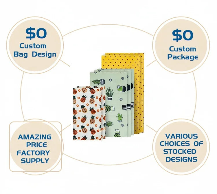 Organic Eco Friendly Durable Sustainable Biodegradable Beeswax Food Wrap Custom Print Washable 1S1M1L FDA LFGB GOTS Approved