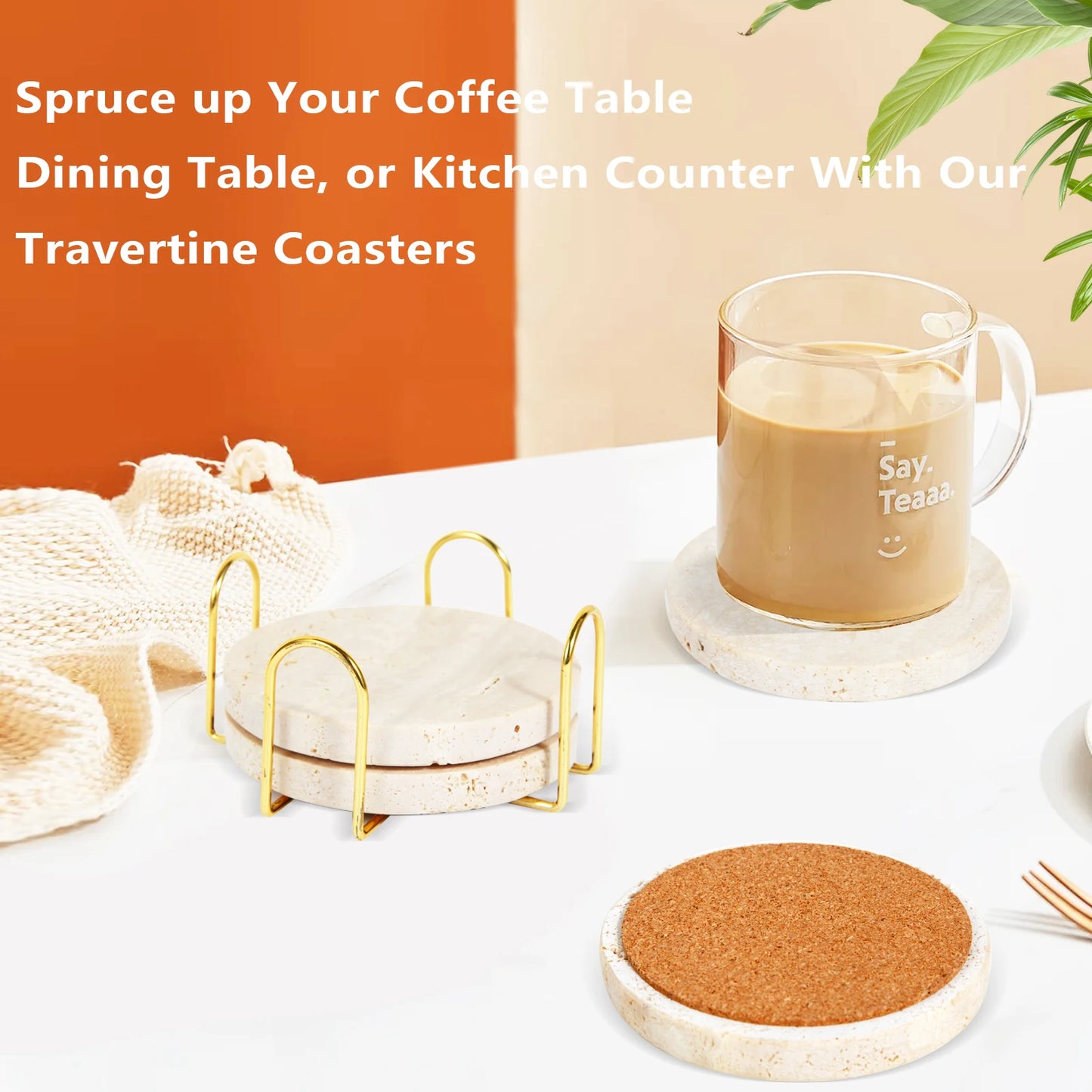 Natural Marble Travertine Coasters Non-Slip Absorbent Round Stone Drink Mat  Cork Pads for Table Decor Wedding Gift