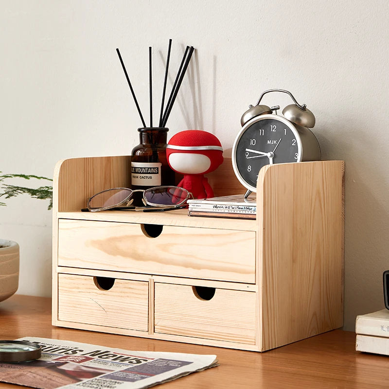 Wooden Desktop Cosmetics Storage Box With Drawers