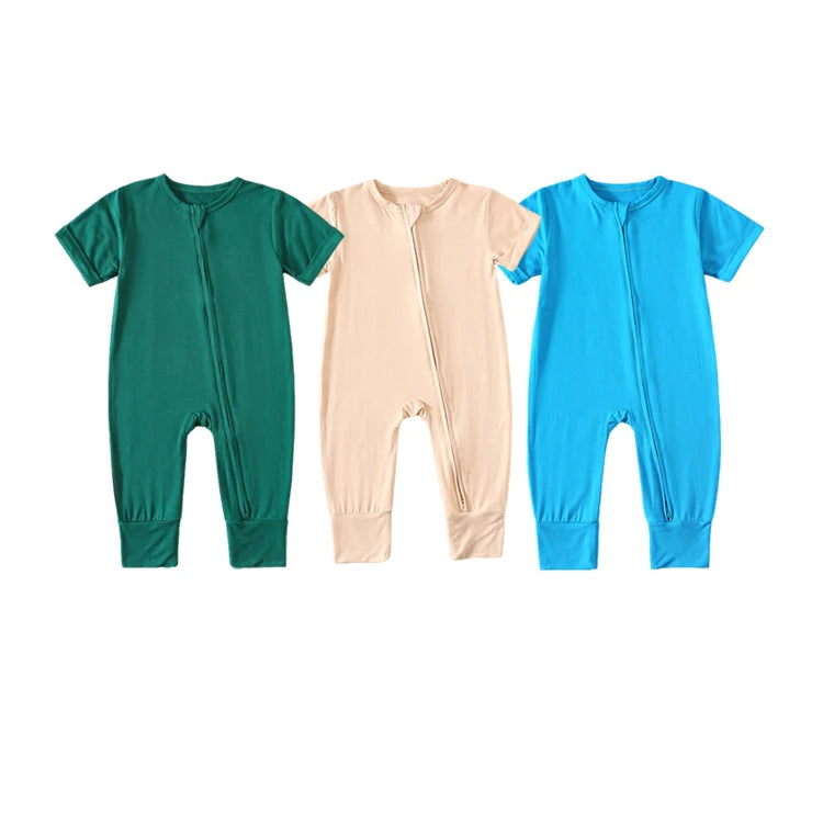 Children's Unisex Bamboo Fiber Spandex Knitted Newborn Rompers Spring Short Sleeve Two-Way Zipper Soft Breathable Climbing