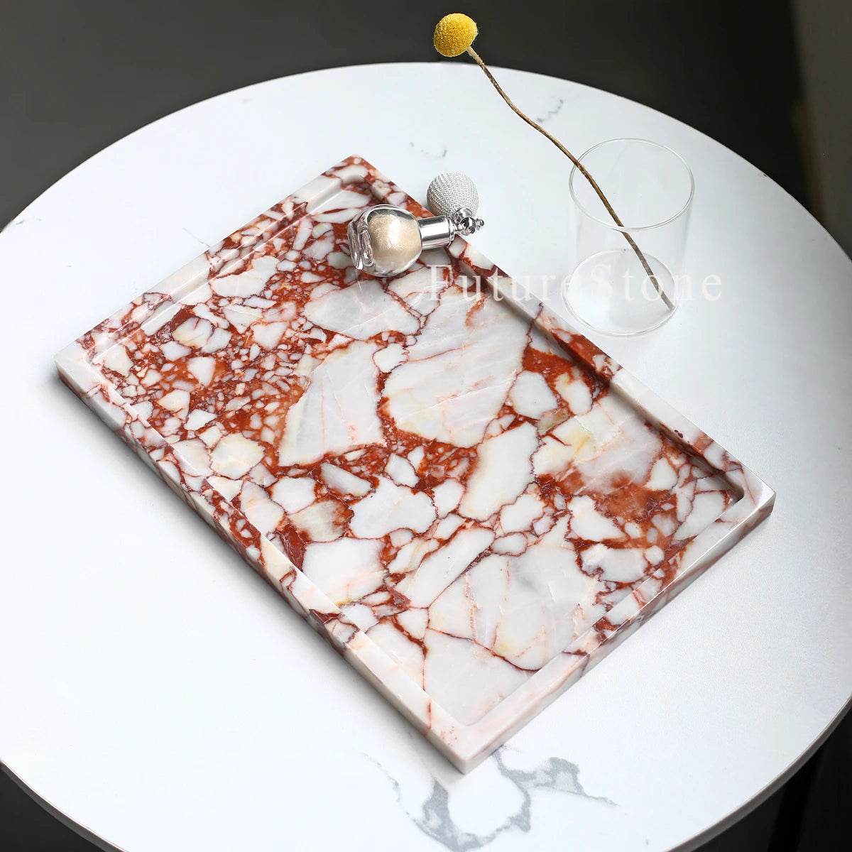 Luxury Natural Rectangle  Calacatta Red Marble Serving Tray Decorative Food Fruit Jewelry Display Tray for Christmas Home Decor