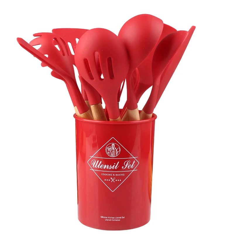 Factory Direct Sale Eco-friendly Organic Silicone Kitchen Tool Set With Wooden Handle