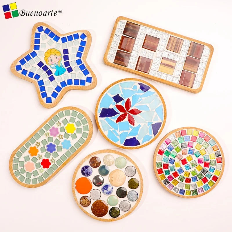 Bamboo Coaster 5 Pcs Flower Star Mosaic Base 1cm Thick Modern Design Room Use for DIY Mosaic Art Craft Kits