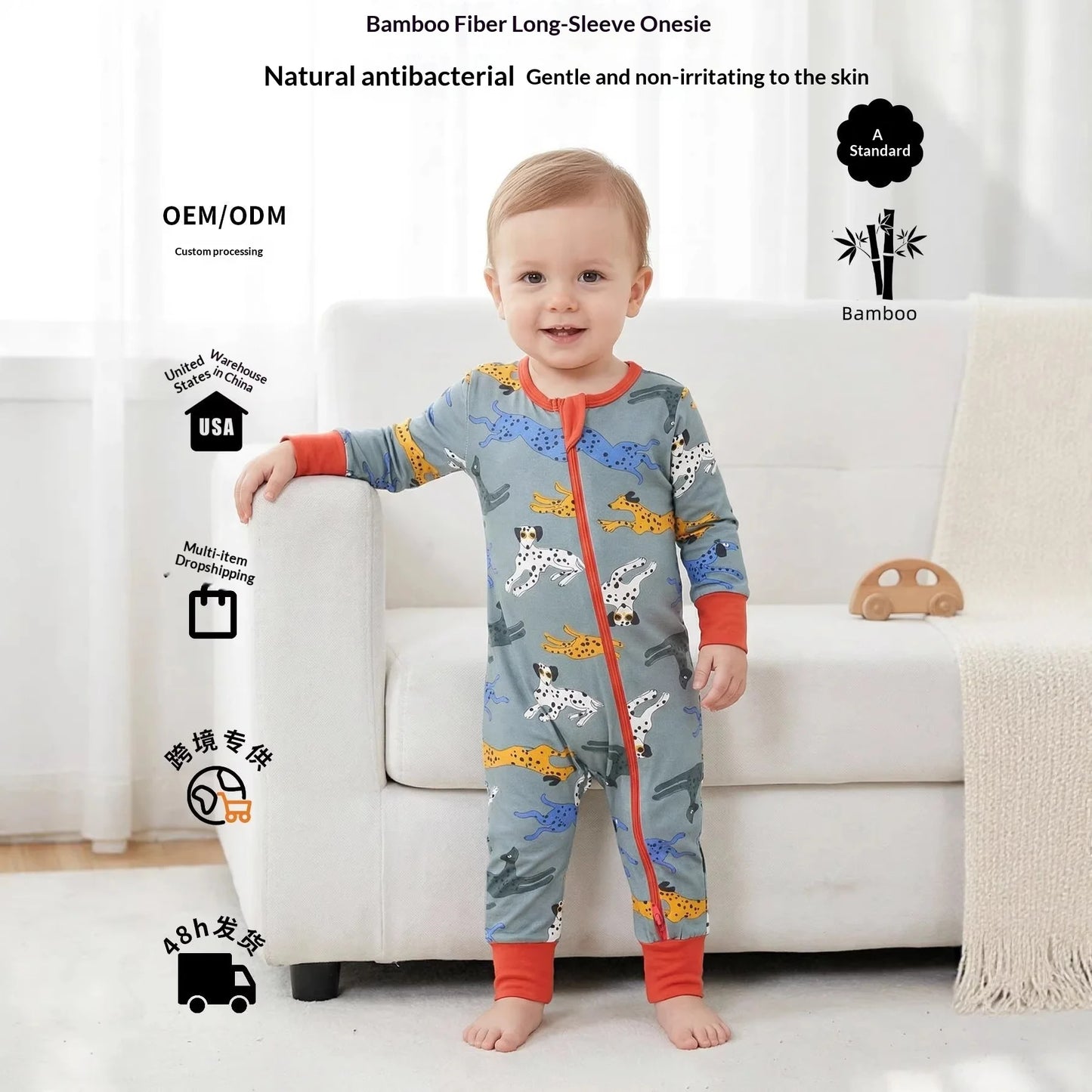 Growprint Cross-border European American-style Bamboo Fiber Male Infant Toddler Long Sleeve Thin Jumpsuit Romper Safety All Soft