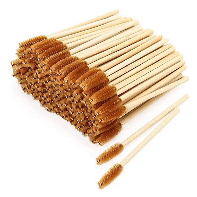 Disposable Wooden Handle Mascara Wand with Nylon Brush Bamboo Sticks Eco-Friendly Eyelash Use 50 Pieces Per Pack