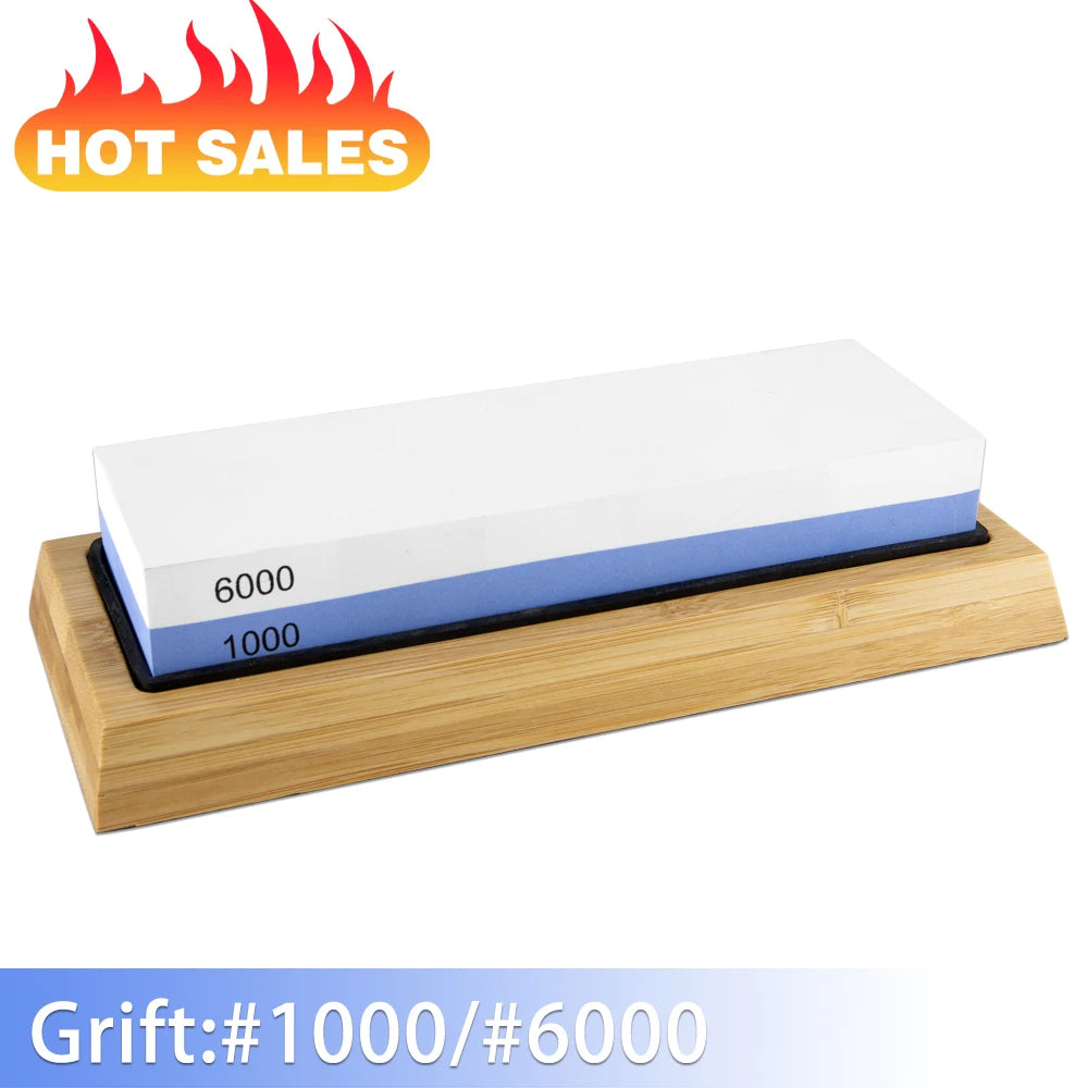 Knife Sharpener Stone 2 Side Whetstone Kit Quick Sharpening for Damascus and Quality Knife With NonSlip Bamboo Base